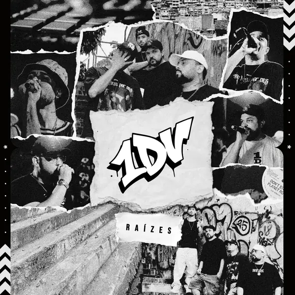 Arte do EP Raízes: colagem em preto e branco com fotos do 1DV ao vivo e na rua
